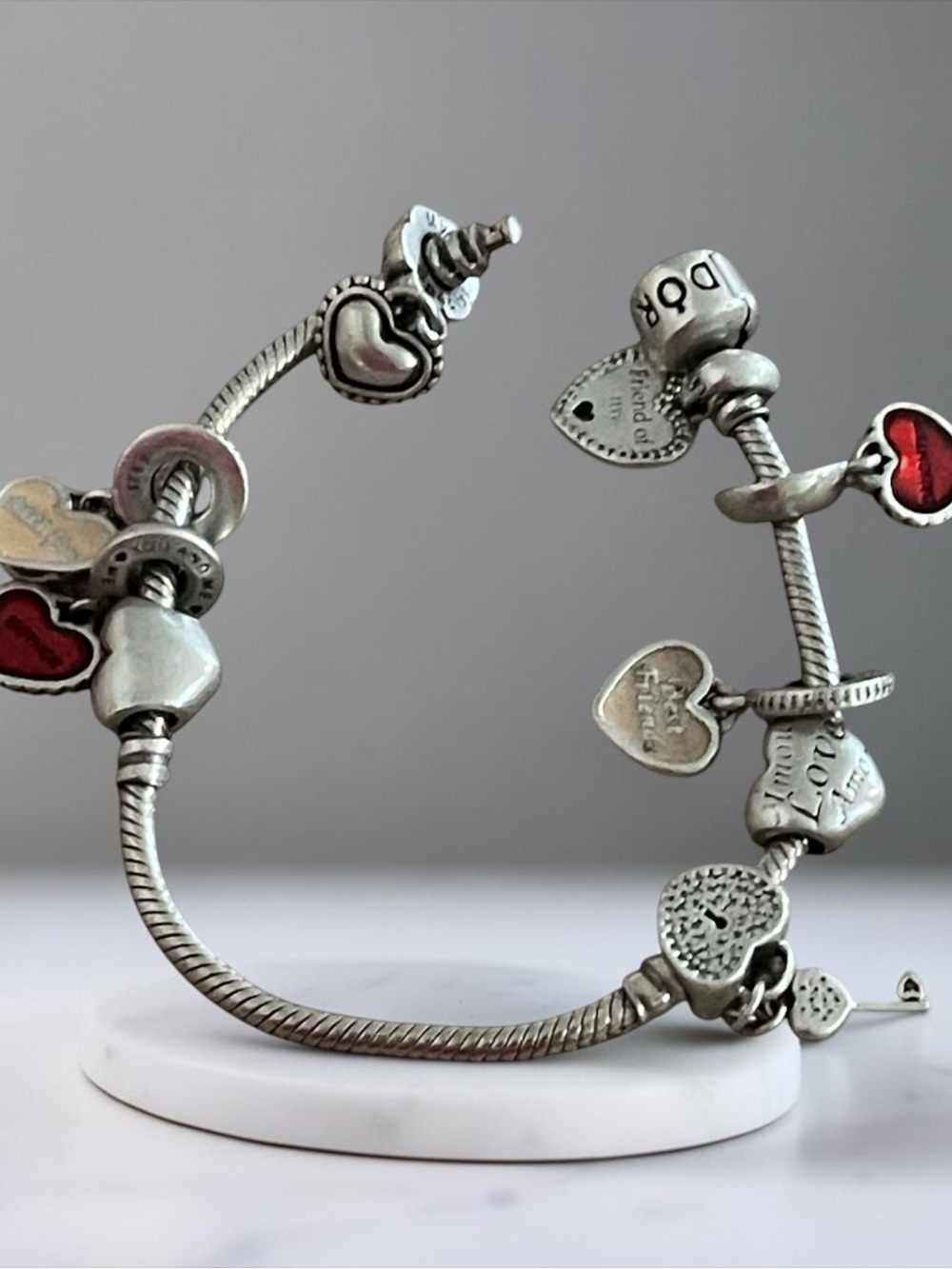 Vintage 925 Pandora Silver Heart Charm Bracelet with Red Accents